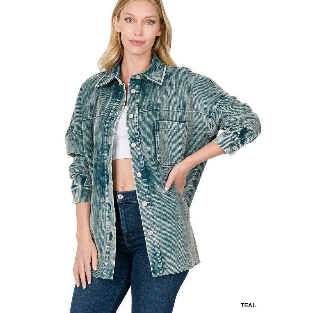 Zenana Teal Blue Washed Collared Button Up Corduroy Jacket S-XL QJW-1135D4